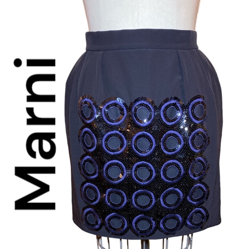 Marni Black Sequins Blue Stitching Cocktail Short Skirt Italy 6 (42) Luxury
